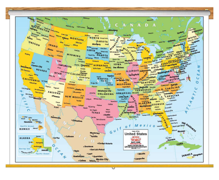 USA Political Wall Map Classroom Pull Down